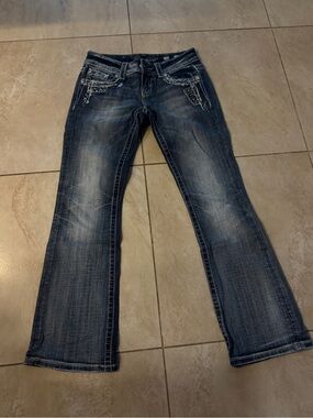 Miss Me Dark Blue Flare Jeans with Embellished Pockets